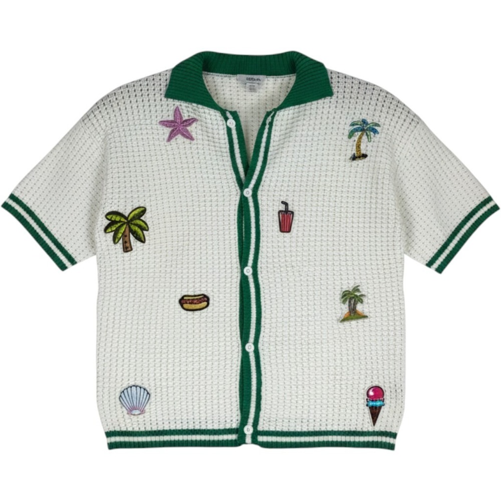 ROMWE Men Knit Button Up Shirt M Cream Green Tropical Patch Open Knit